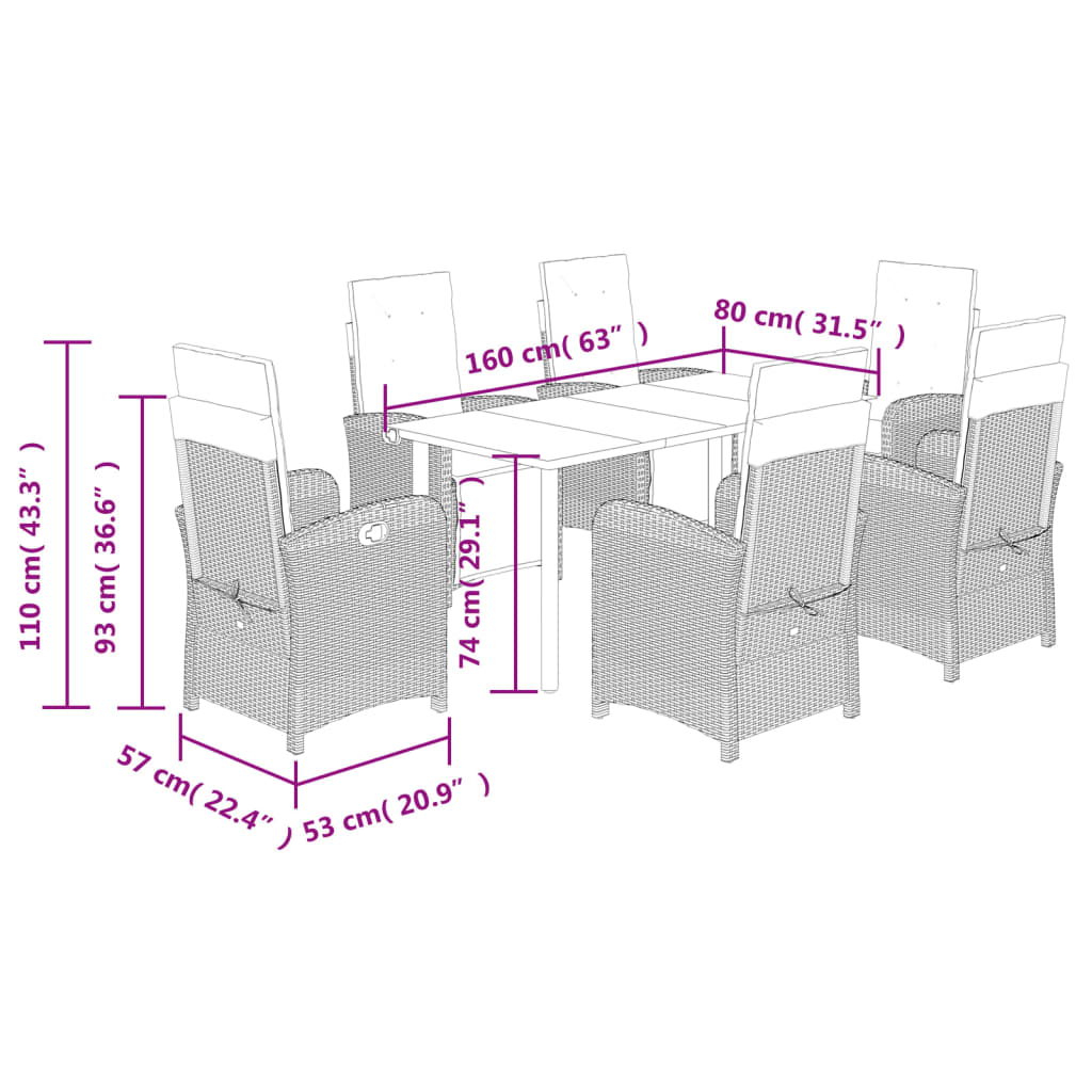 7 pcs conjunto de jantar p/ jardim com almofadões vime PE bege