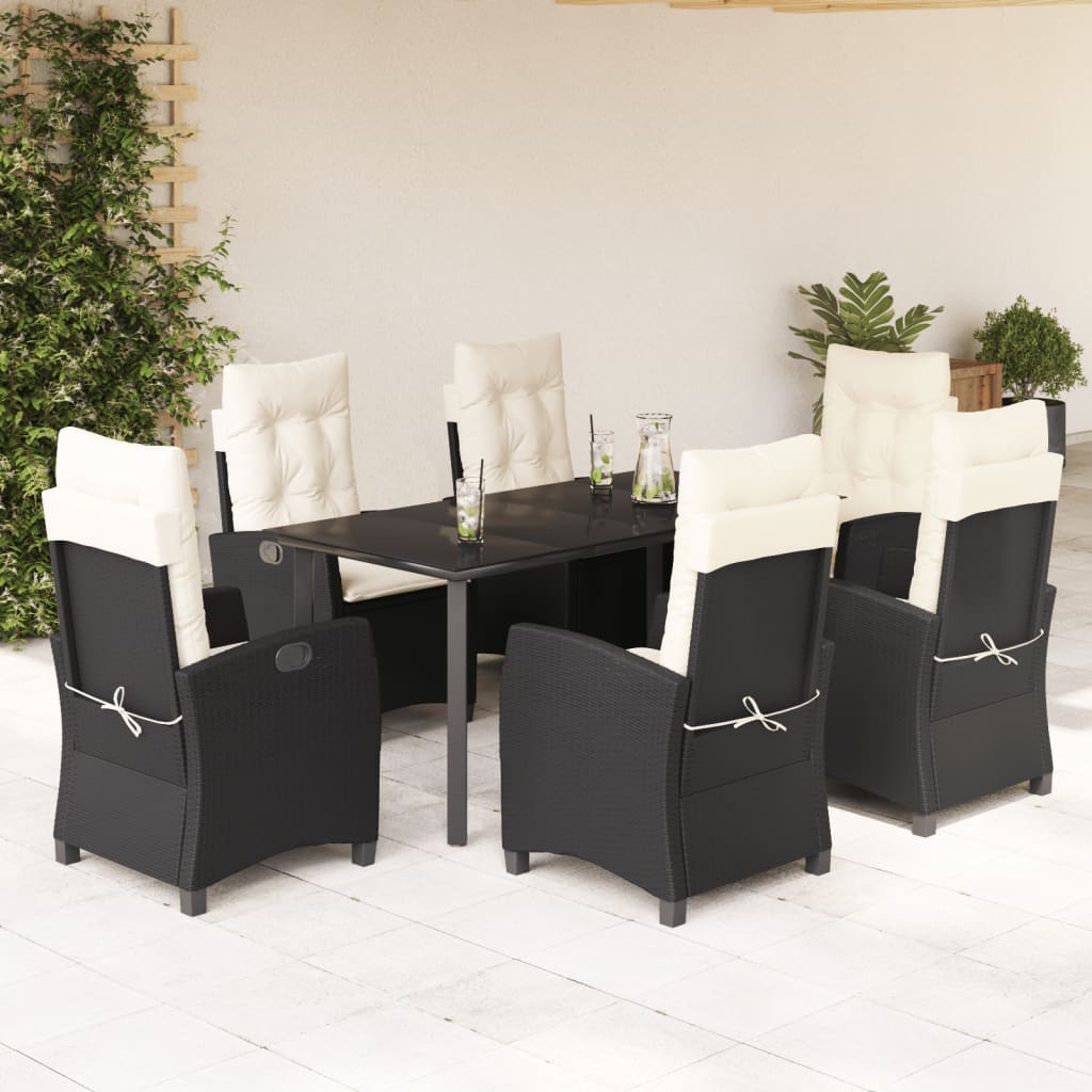 7 pcs conjunto de jantar p/ jardim c/ almofadões vime PE preto