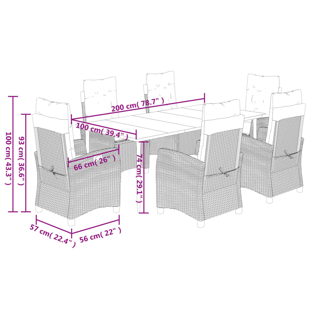 7 pcs conjunto de jantar p/ jardim com almofadões vime PE bege