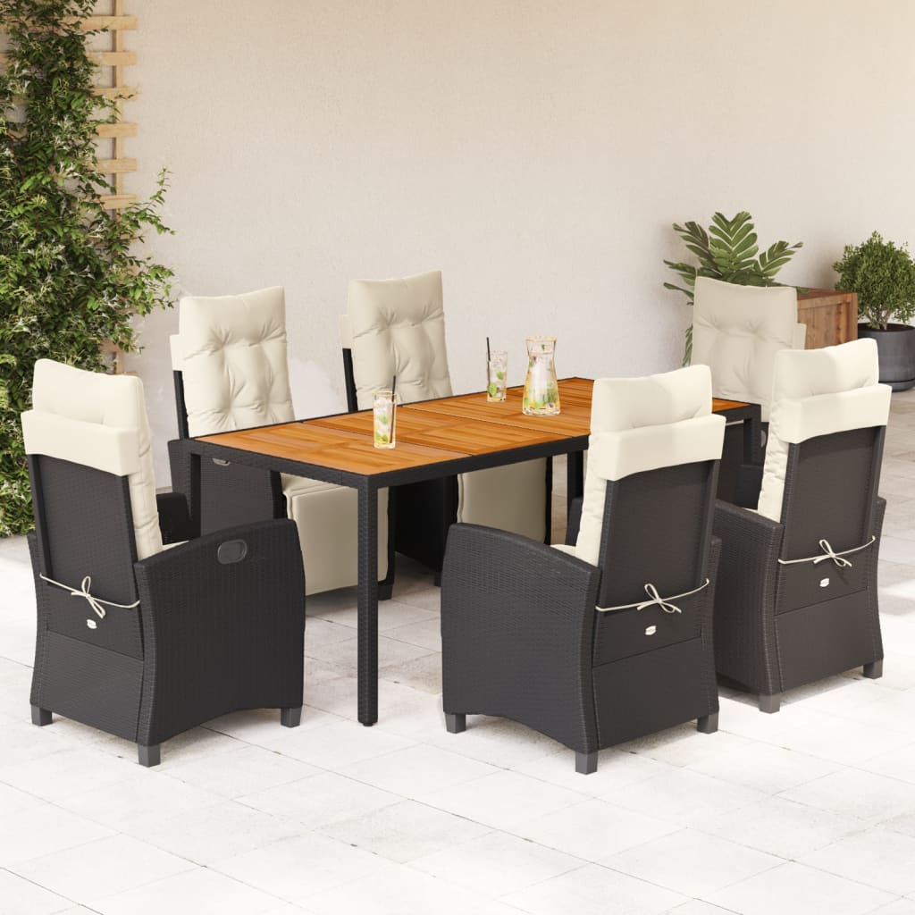 7 pcs conjunto de jantar p/ jardim c/ almofadões vime PE preto