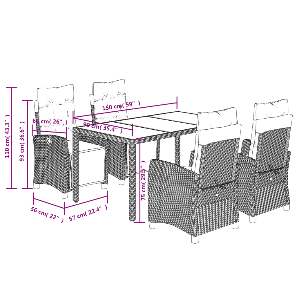 5 pcs conjunto de jantar p/ jardim c/ almofadões vime PE preto