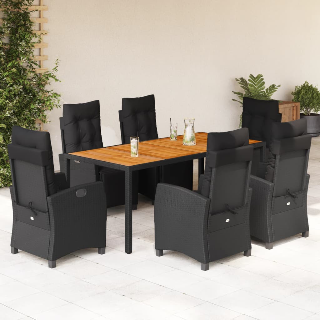 7 pcs conjunto de jantar p/ jardim c/ almofadões vime PE preto