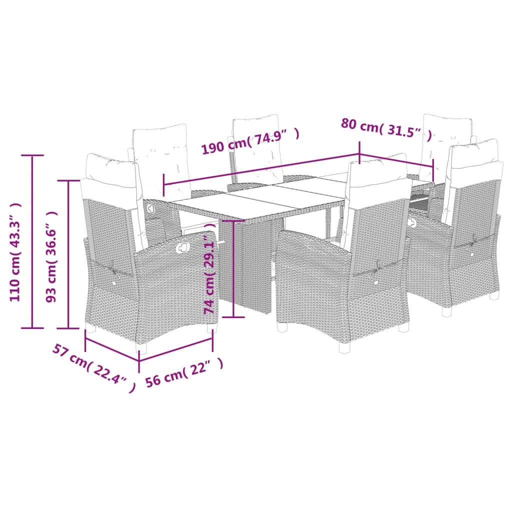7 pcs conjunto de jantar p/ jardim com almofadões vime PE bege