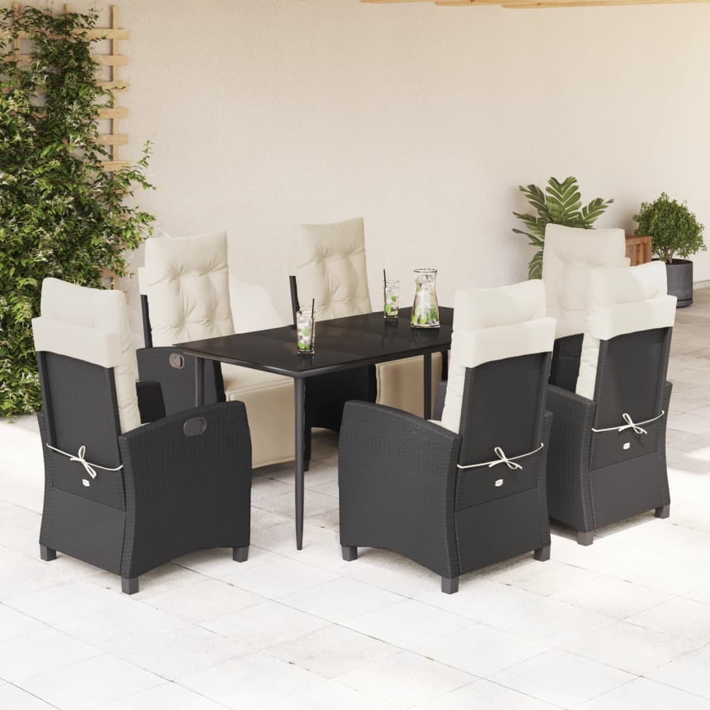 7 pcs conjunto de jantar p/ jardim c/ almofadões vime PE preto