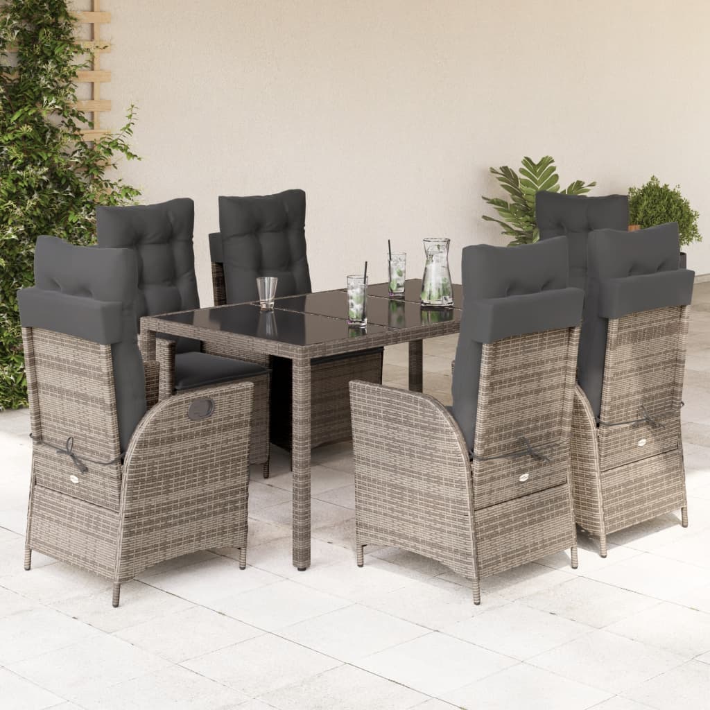 7 pcs conjunto de jantar p/ jardim c/ almofadões vime PE cinza