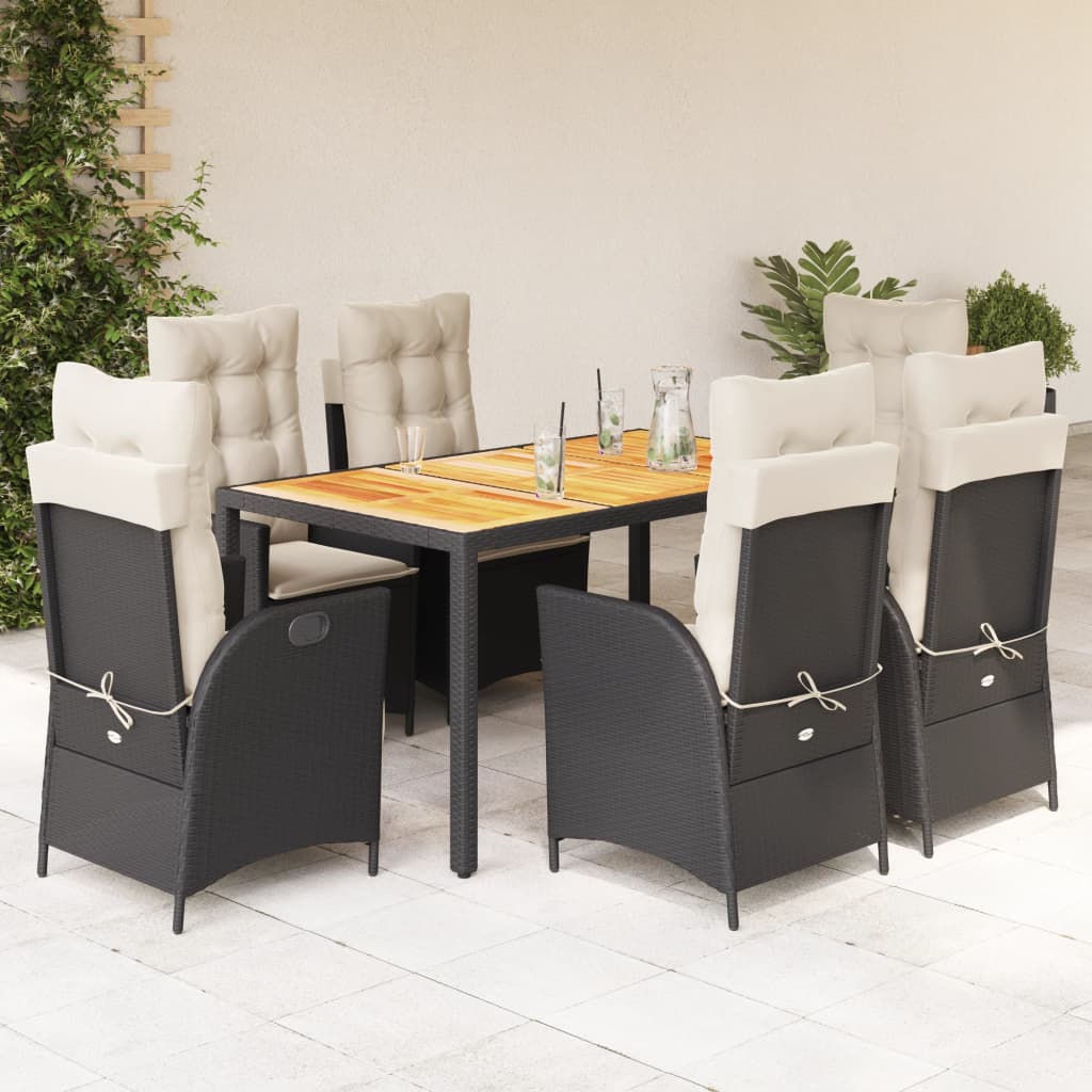 7 pcs conjunto de jantar p/ jardim c/ almofadões vime PE preto