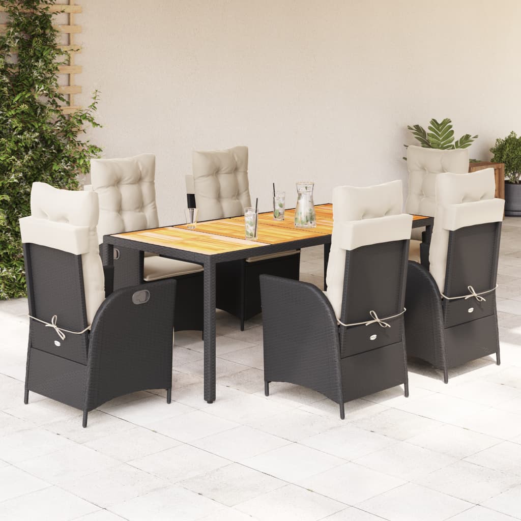 7 pcs conjunto de jantar p/ jardim c/ almofadões vime PE preto