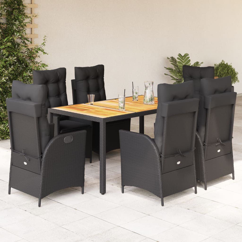 7 pcs conjunto de jantar p/ jardim c/ almofadões vime PE preto