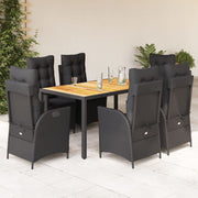 7 pcs conjunto de jantar p/ jardim c/ almofadões vime PE preto