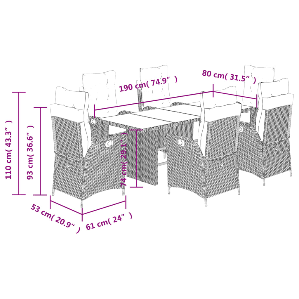 7 pcs conjunto de jantar p/ jardim com almofadões vime PE bege