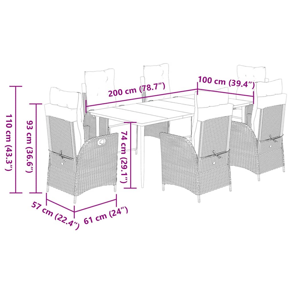 7 pcs conjunto jantar p/ jardim c/ almofadões vime PE castanho