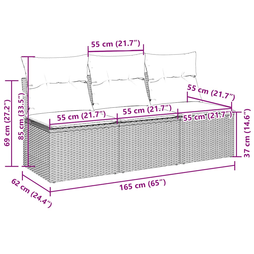 Sofá de jardim de 3 lugares c/ almofadões vime PE cinza-claro