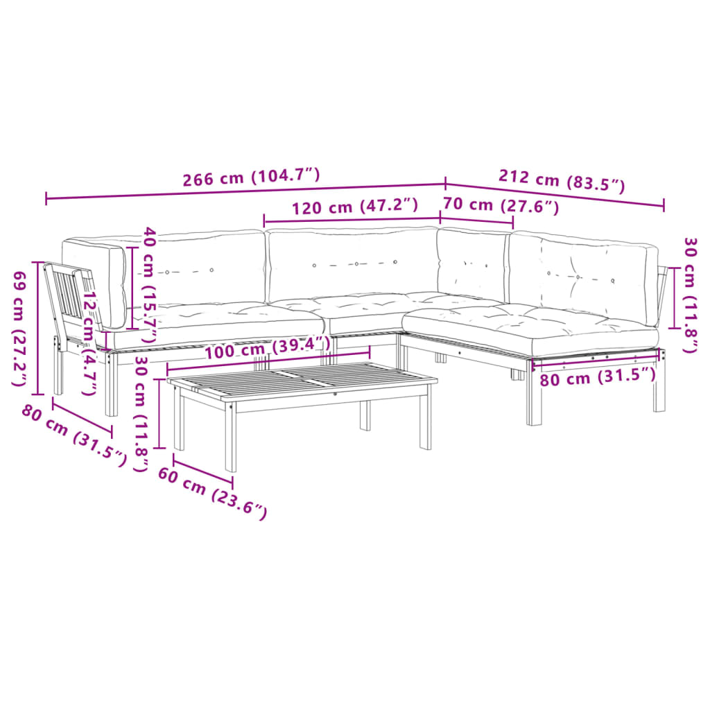 4 pcs móveis de paletes p/ jardim c/ almofadões acácia maciça