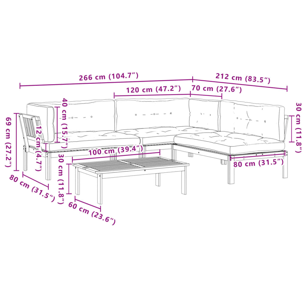 4 pcs móveis de paletes p/ jardim c/ almofadões acácia maciça