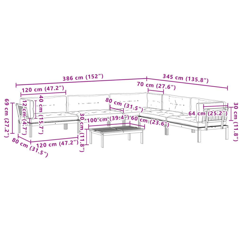6 pcs conj. sofás paletes p/ jardim c/ almofadões acácia maciça
