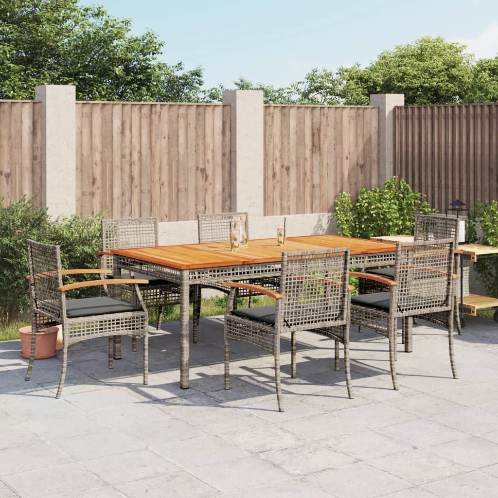 7 pcs conjunto de jantar p/ jardim c/ almofadões vime PE cinza