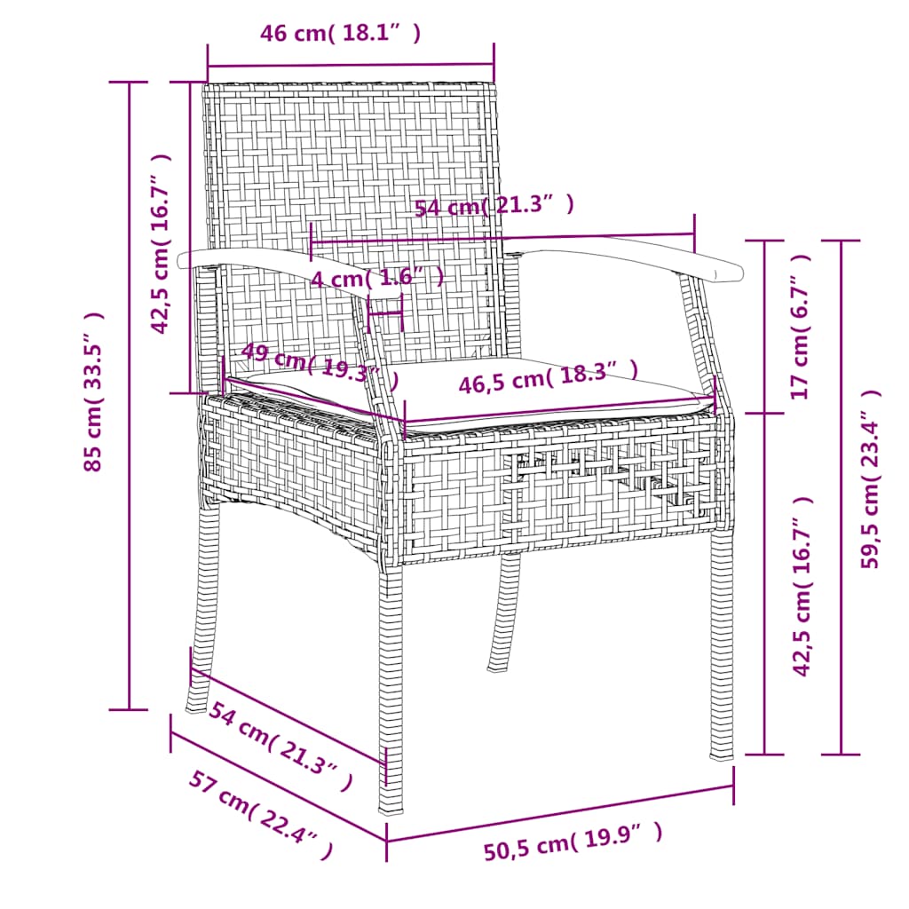 3 pcs conjunto de jantar p/ jardim com almofadões vime PE bege