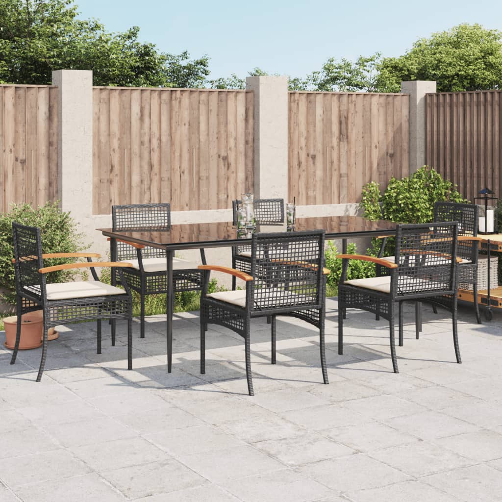 7 pcs conjunto de jantar p/ jardim c/ almofadões vime PE preto