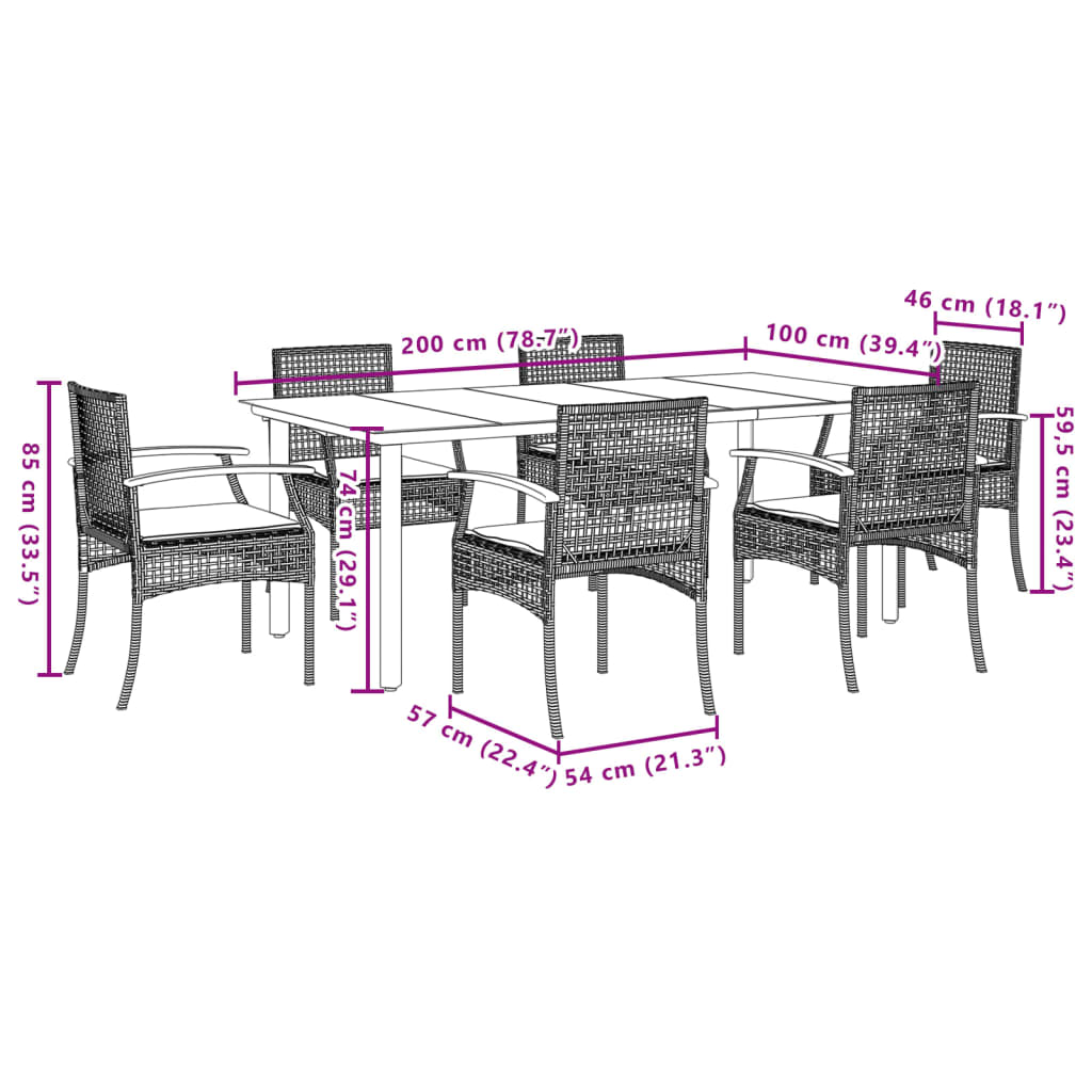 7 pcs conjunto de jantar p/ jardim c/ almofadões vime PE preto