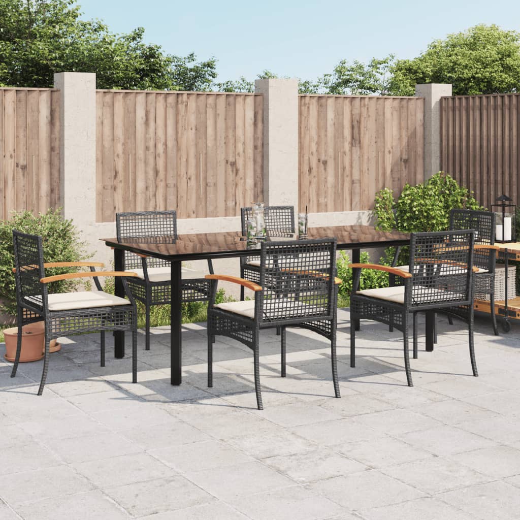 7 pcs conjunto de jantar p/ jardim c/ almofadões vime PE preto