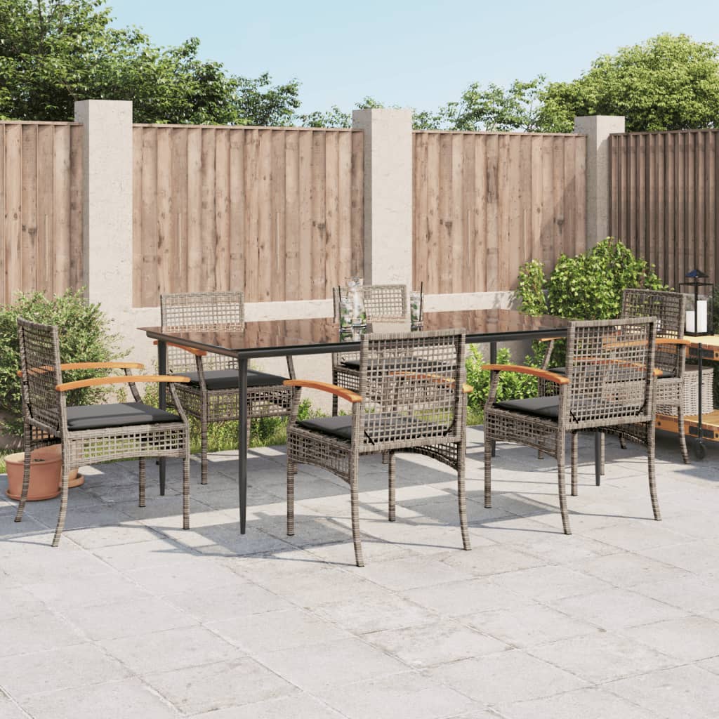 7 pcs conjunto de jantar p/ jardim c/ almofadões vime PE cinza