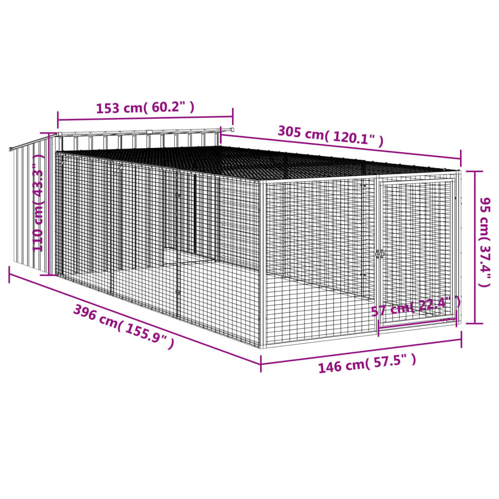 Casota para cães com corredor antracite 153x396x110 cm aço galvanizado