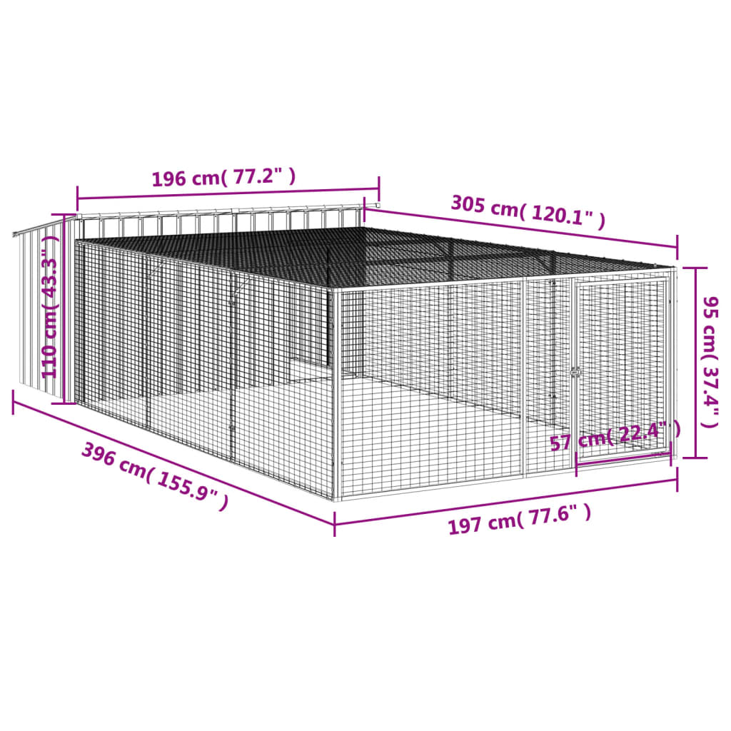 Casota para cães com corredor antracite 197x396x110 cm aço galvanizado