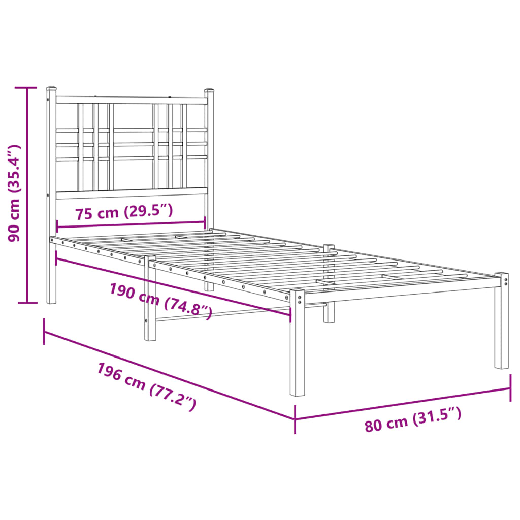 Estrutura de cama metal s/ colchão c/ cabeceira 75x190 cm preto