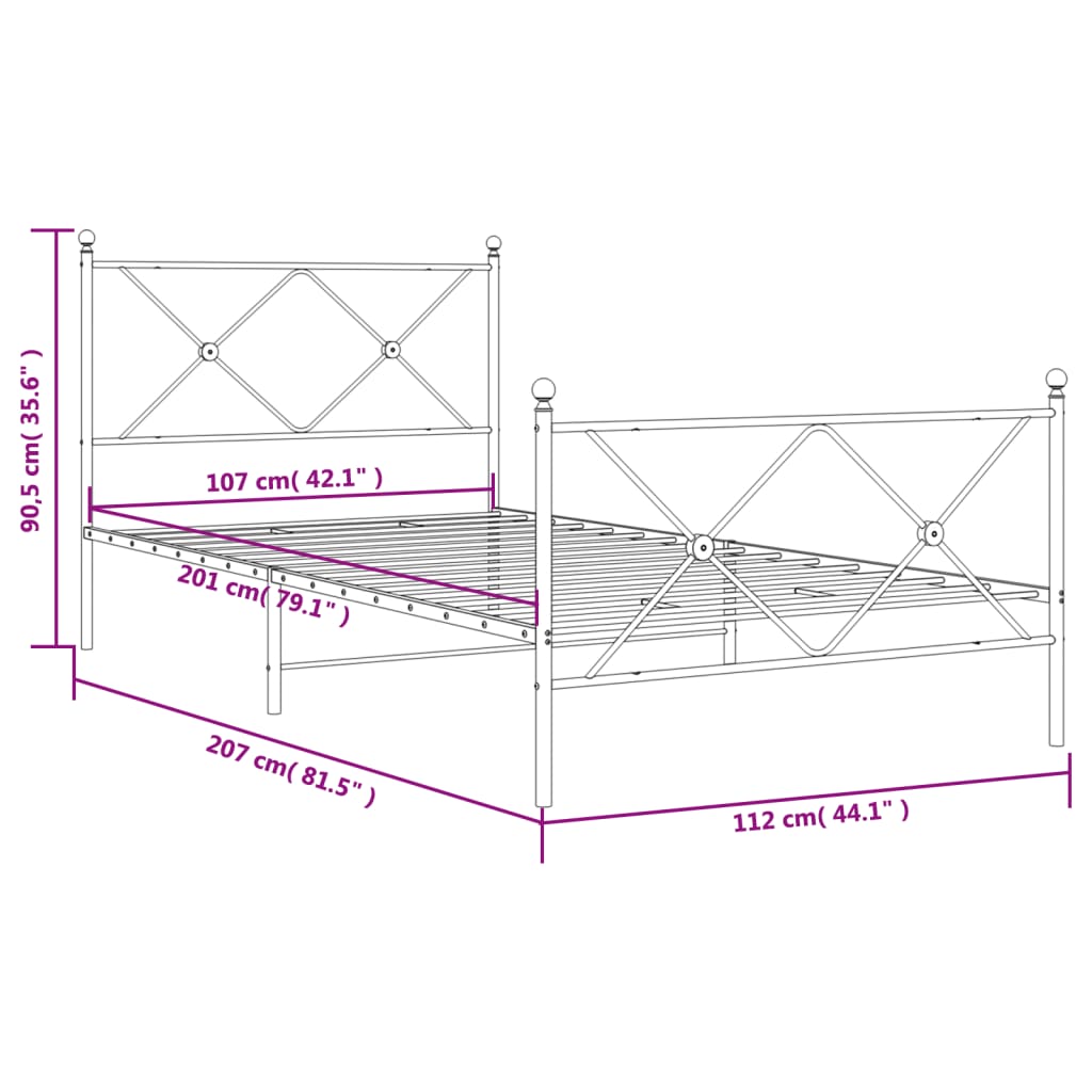 Estrutura de cama com cabeceira e pés 107x203 cm metal preto