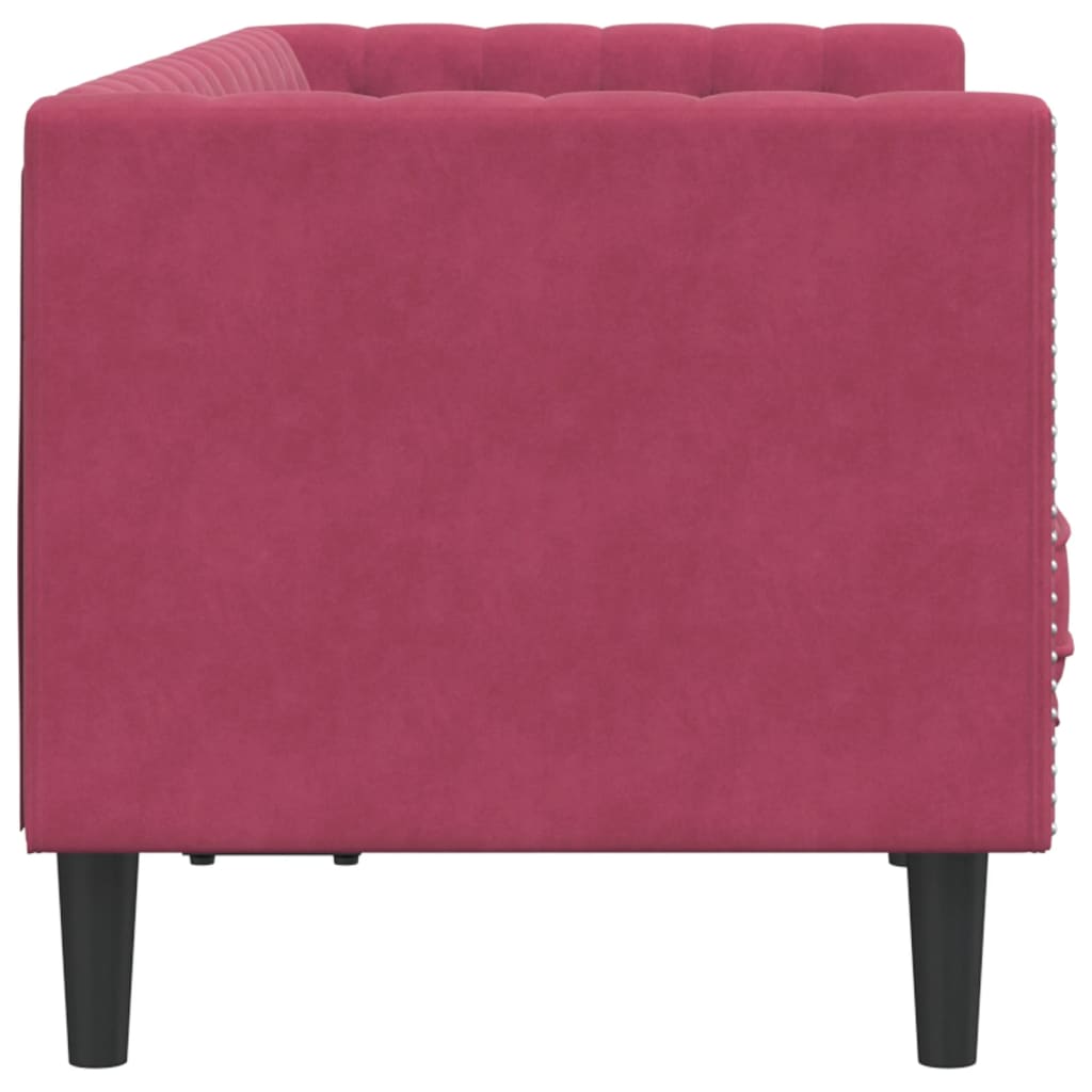 Sofá chesterfield com rolos 2 lugares veludo vermelho tinto