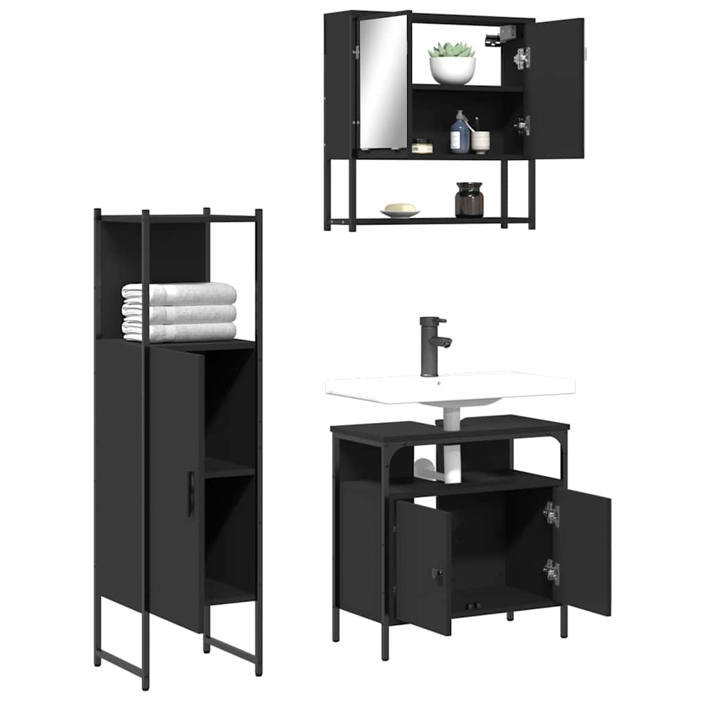 3 pcs conjunto móveis casa de banho derivados de madeira preto