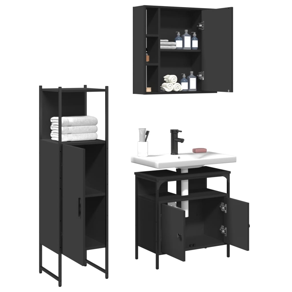 3 pcs conjunto móveis casa de banho derivados de madeira preto