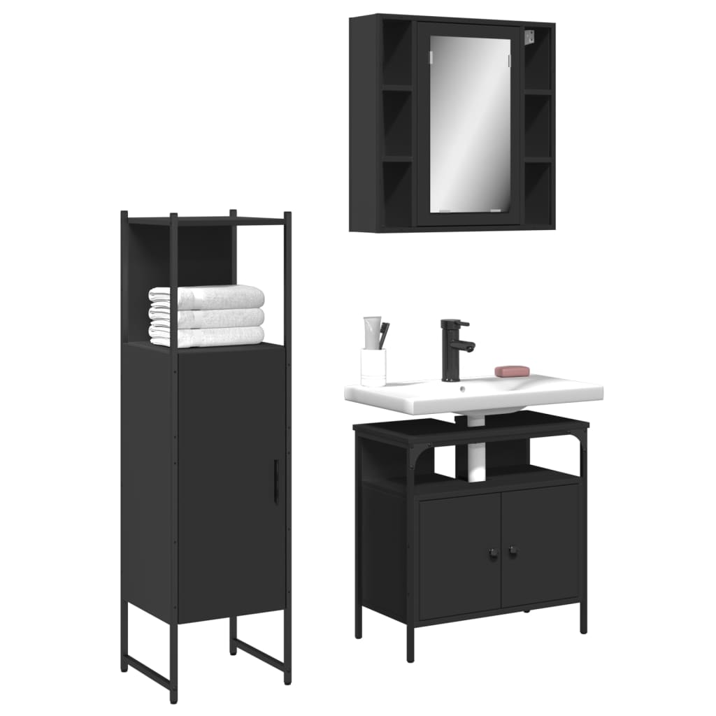 3 pcs conjunto móveis casa de banho derivados de madeira preto