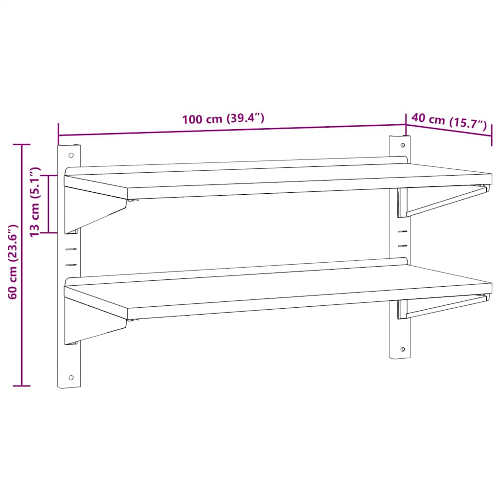 Estante parede 2 prateleiras 100x30x60 cm aço inoxidável prata