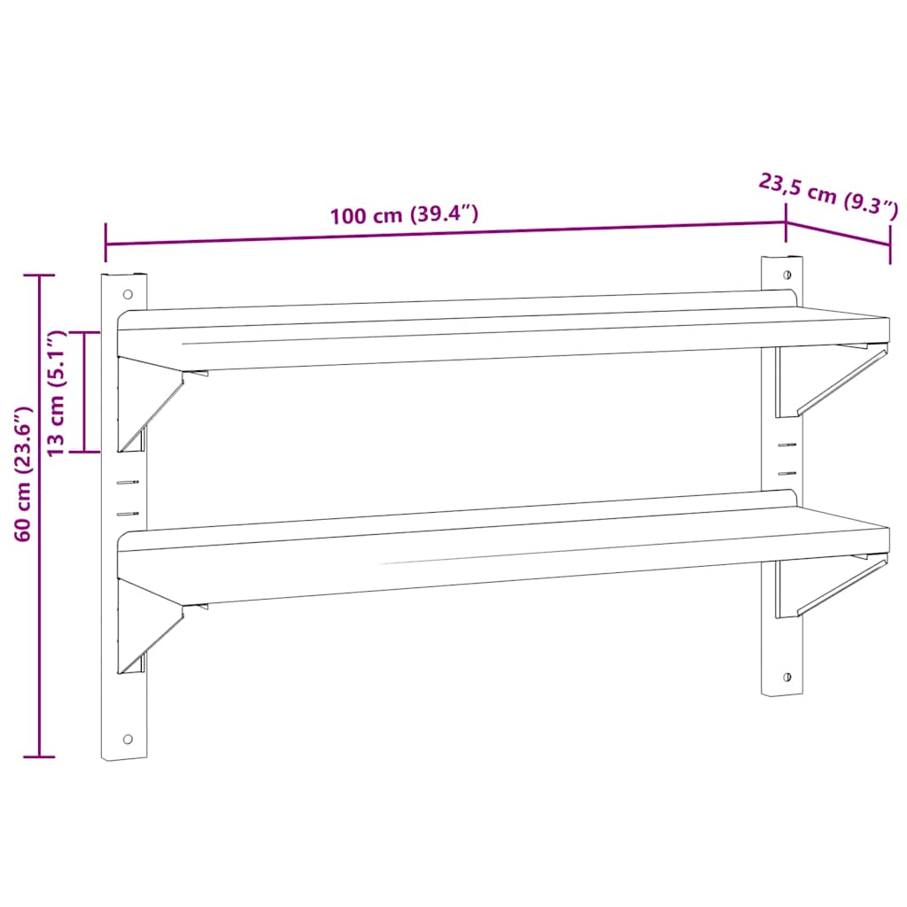 Estante parede 2 prateleiras 100x30x60 cm aço inoxidável prata