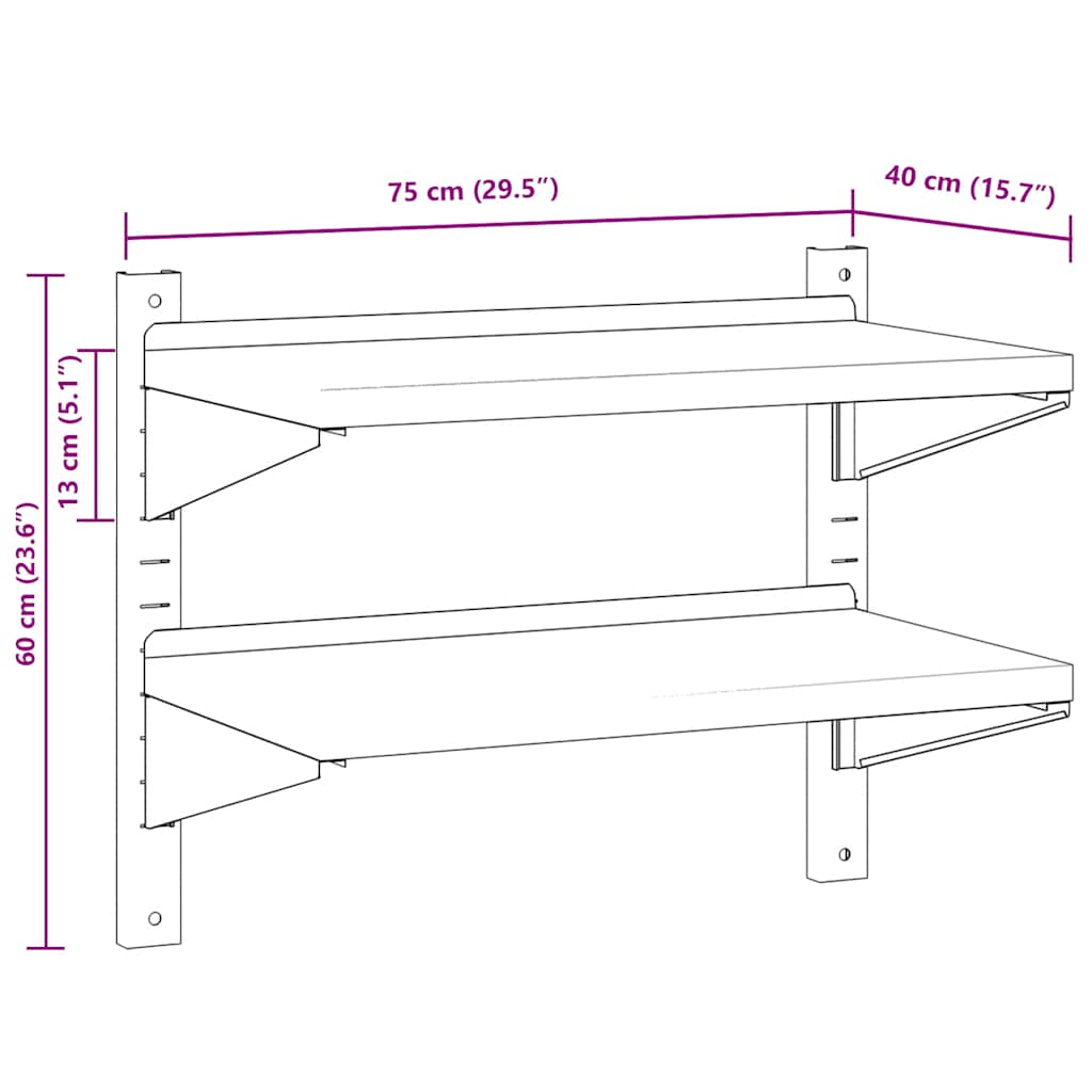 Estante parede 2 prateleiras 100x30x60 cm aço inoxidável prata