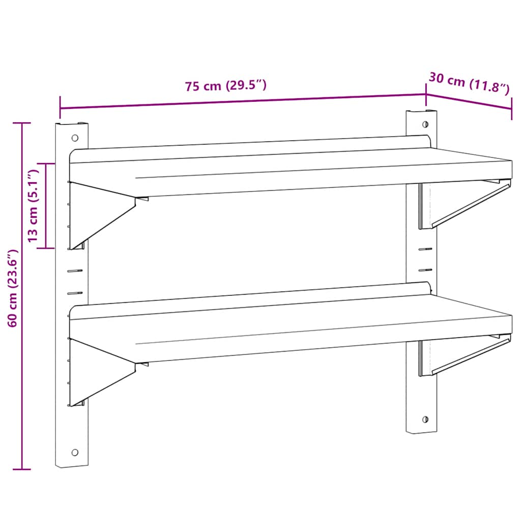 Estante parede 2 prateleiras 100x30x60 cm aço inoxidável prata