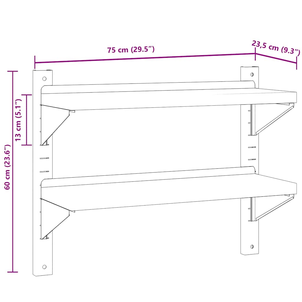 Estante parede 2 prateleiras 100x30x60 cm aço inoxidável prata