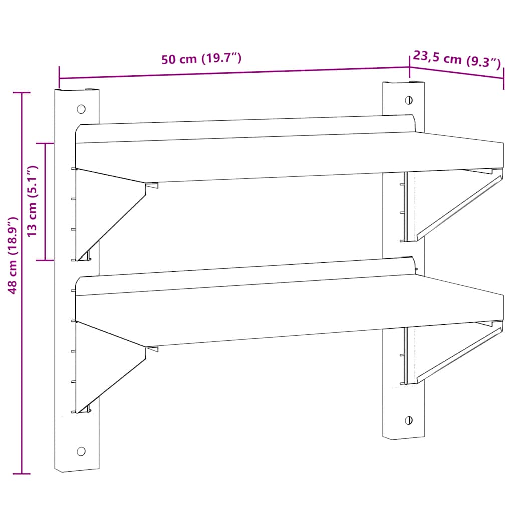 Estante parede 2 prateleiras 100x30x60 cm aço inoxidável prata