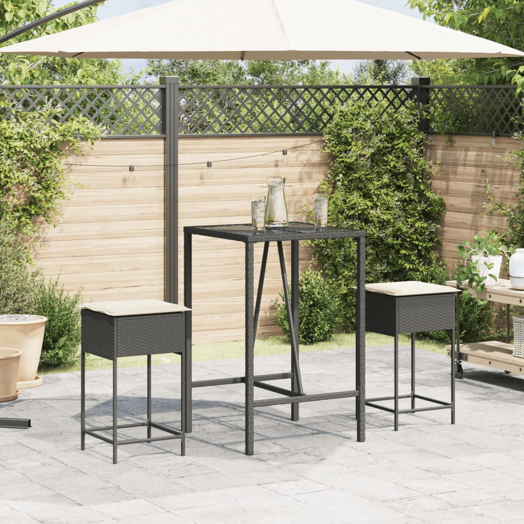 Bancos de bar com almofadões para jardim 2 pcs vime PE preto