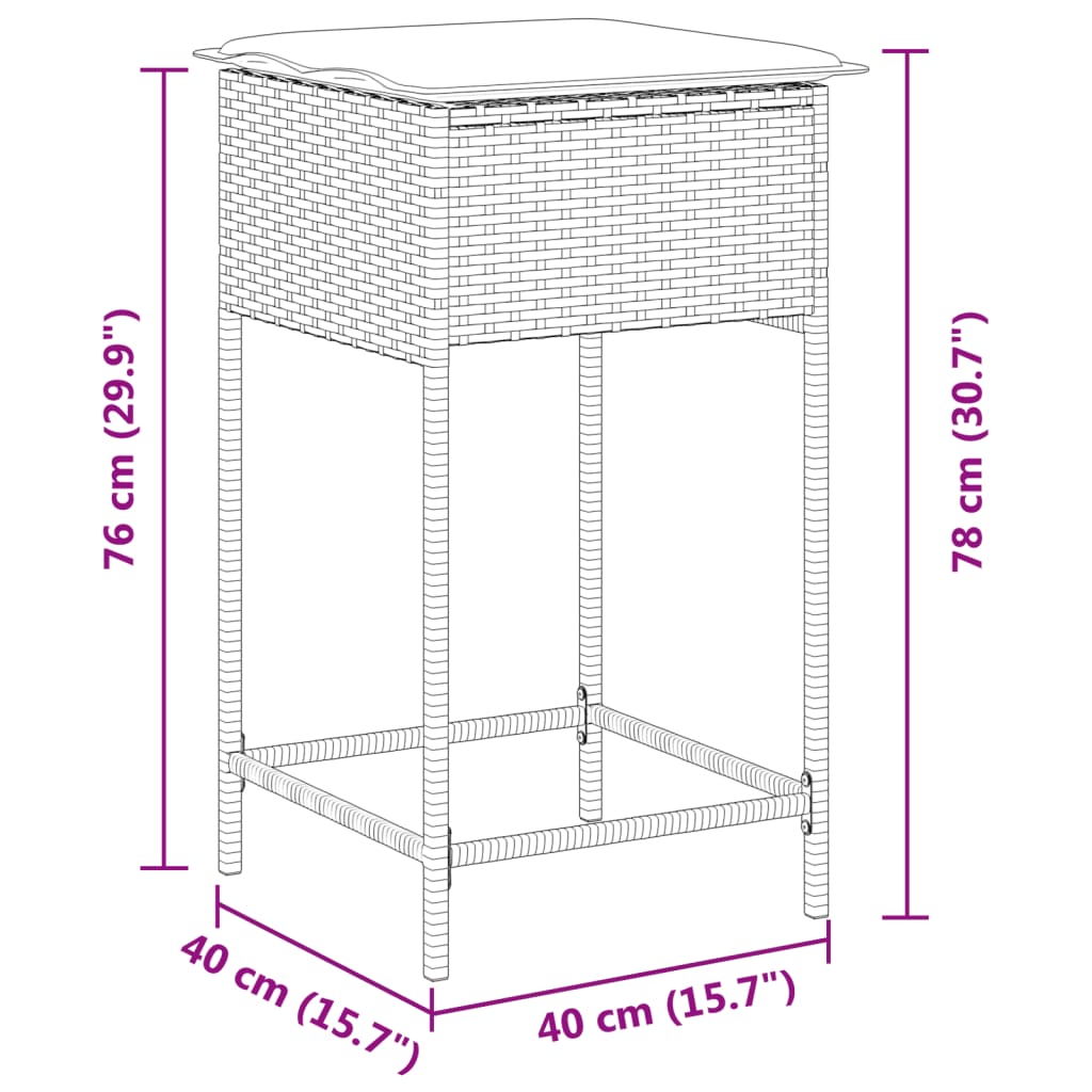 Bancos de bar p/ jardim com almofadões 2pcs vime PE cinza-claro
