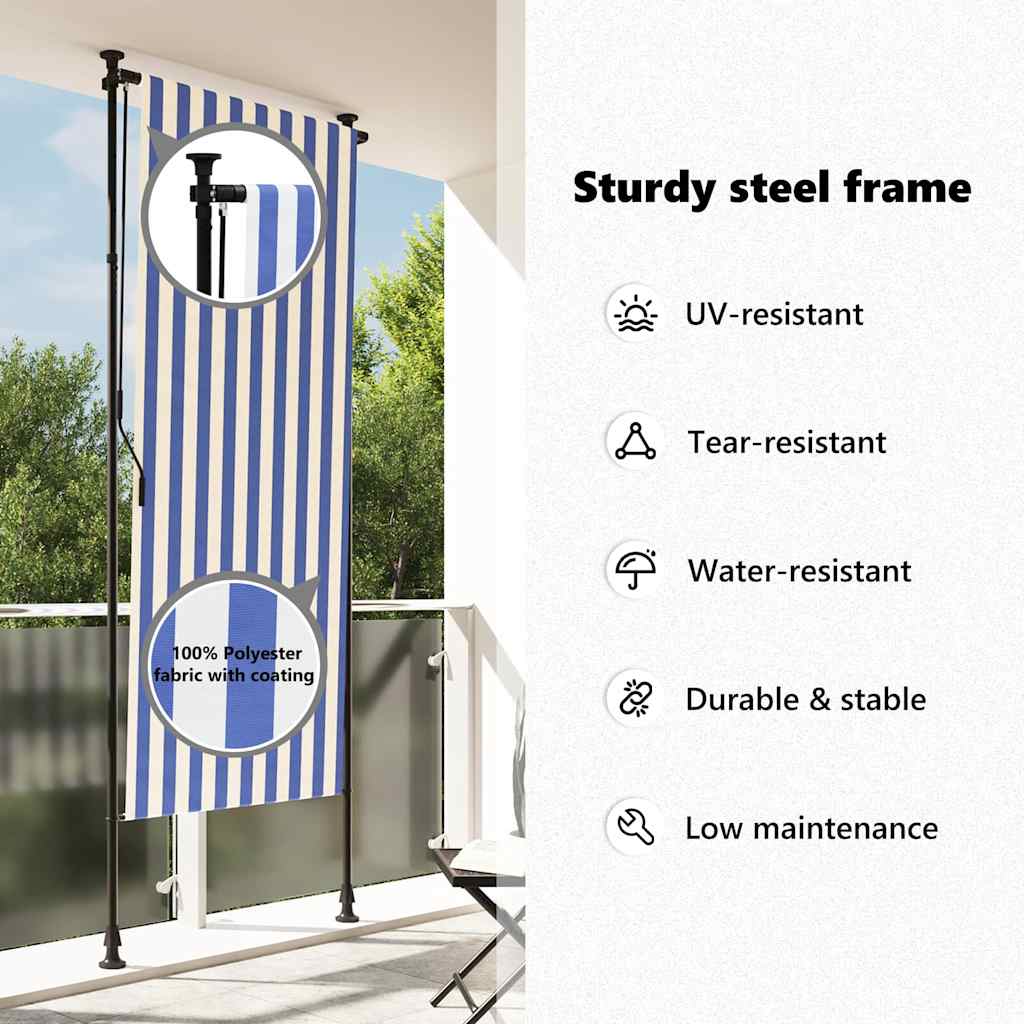 Estore de rolo para exterior 100x270cm tecido/aço azul e branco