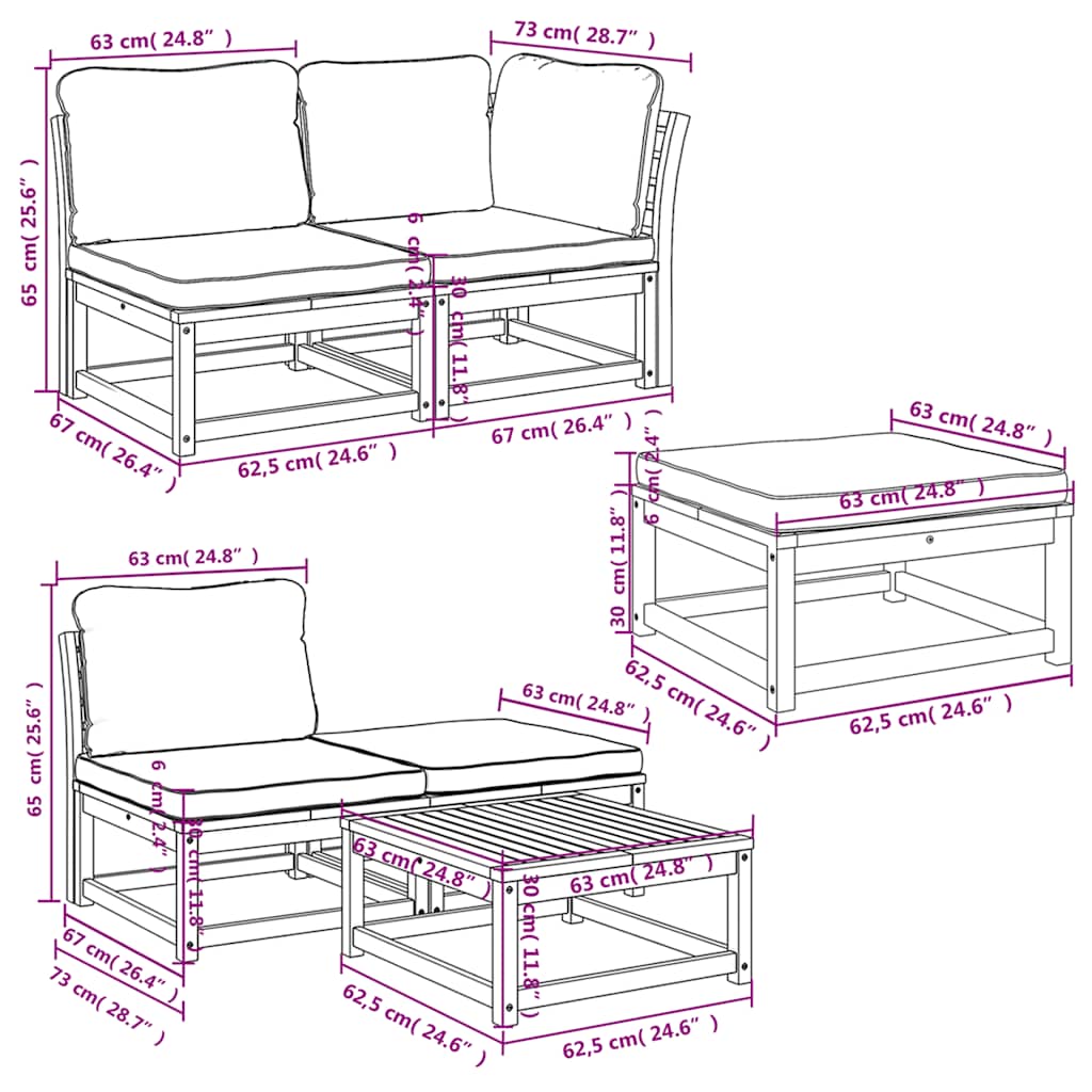 6 pcs conjunto lounge jardim c/almofadões madeira maciça acácia