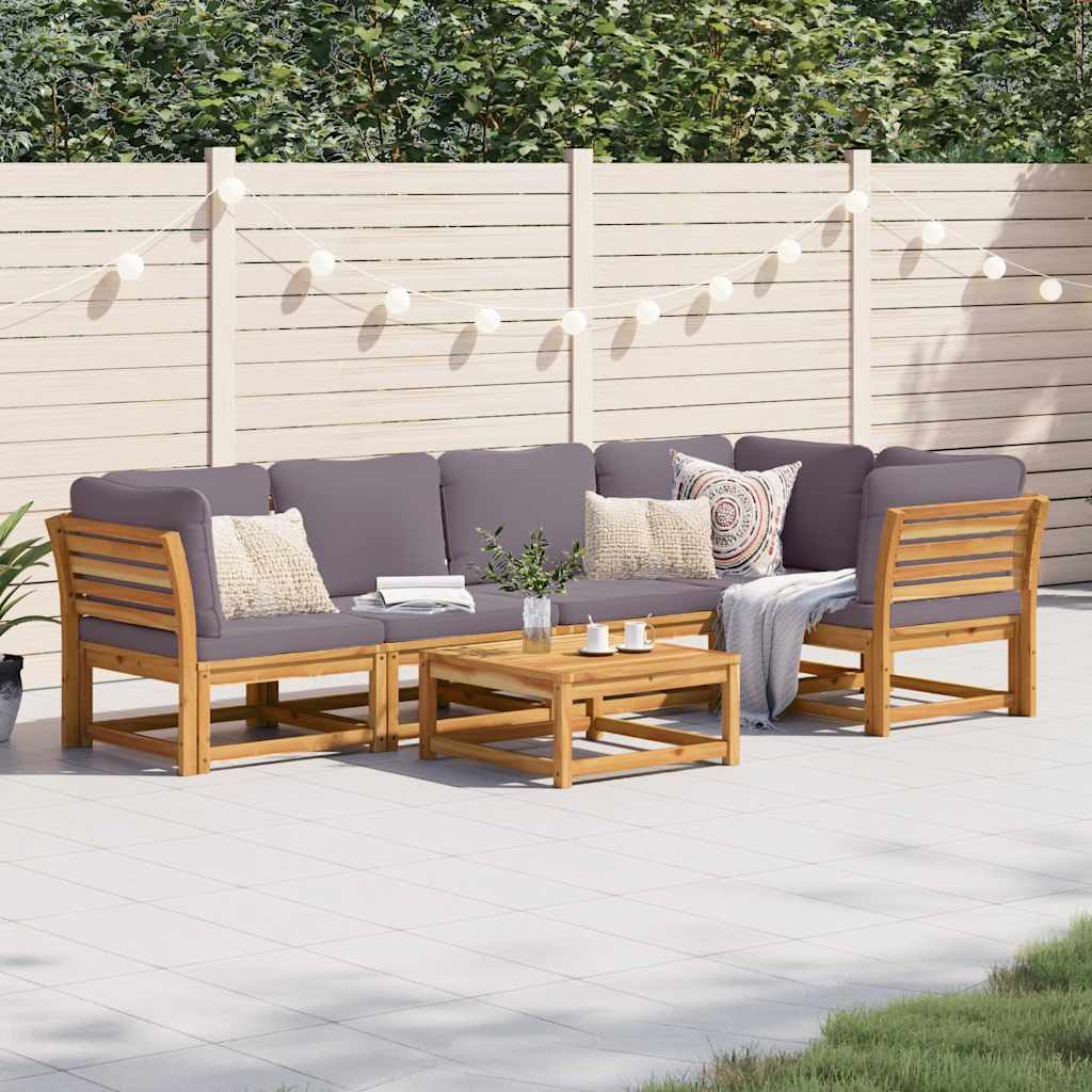 6 pcs conjunto lounge jardim c/almofadões madeira maciça acácia