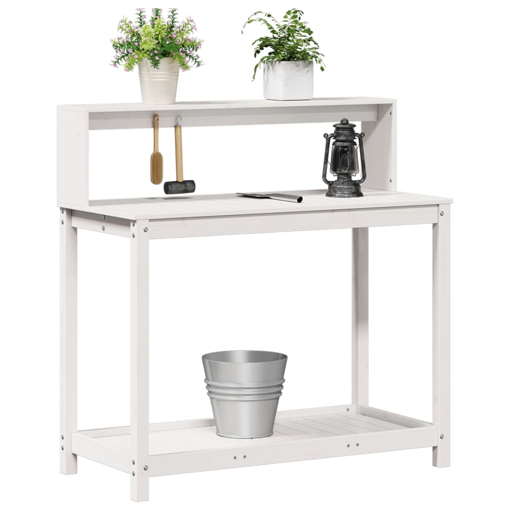 Mesa de jardinagem com prateleiras madeira pinho maciça branco
