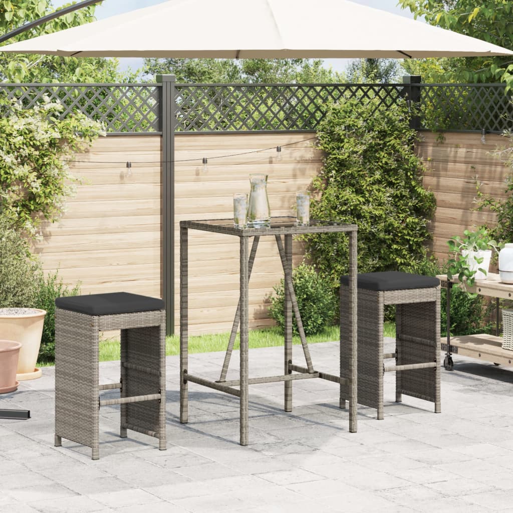 Bancos de bar p/ jardim com almofadões 2 pcs vime PE cinzento