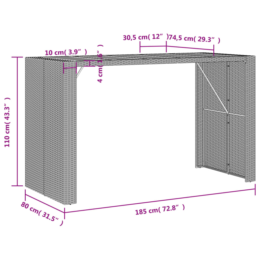 Mesa de bar para jardim com tampo em acácia vime PE cinza