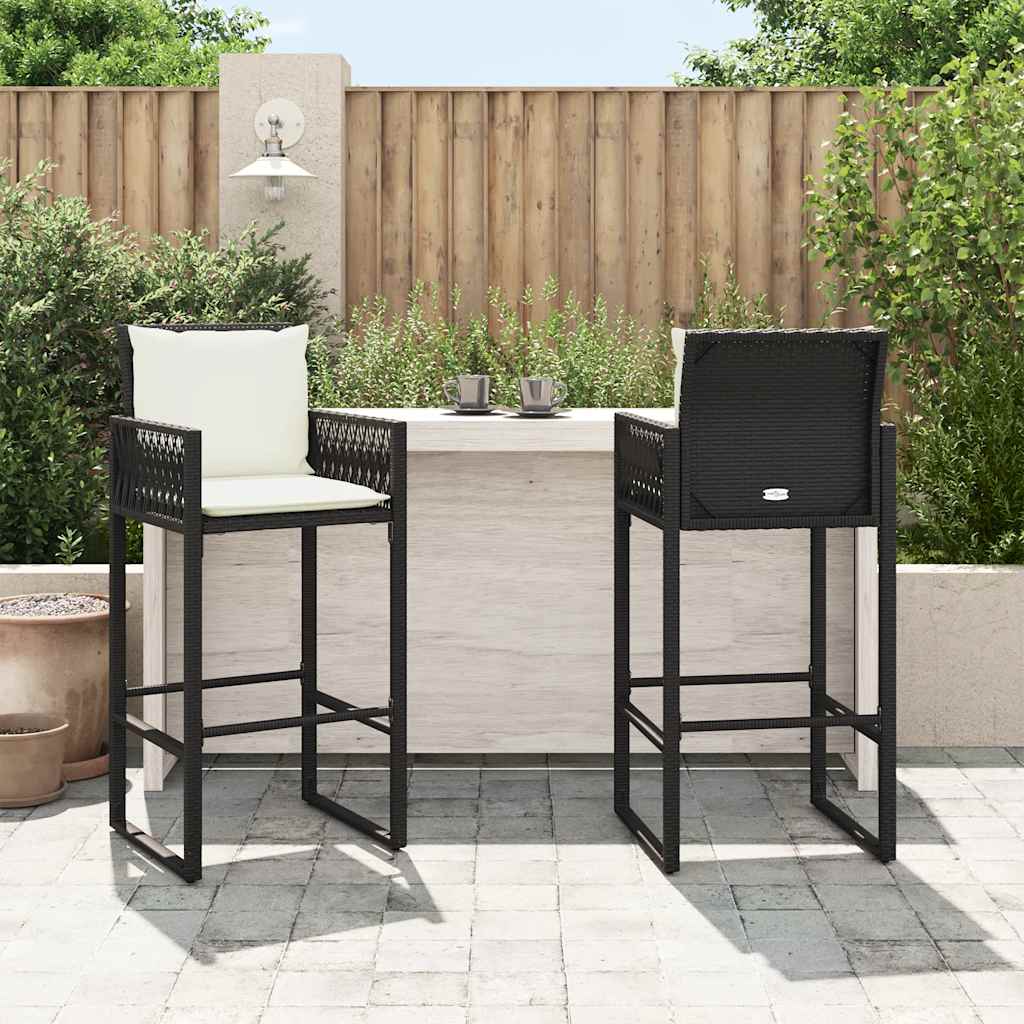 Bancos de bar com almofadões para jardim 2 pcs vime PE preto