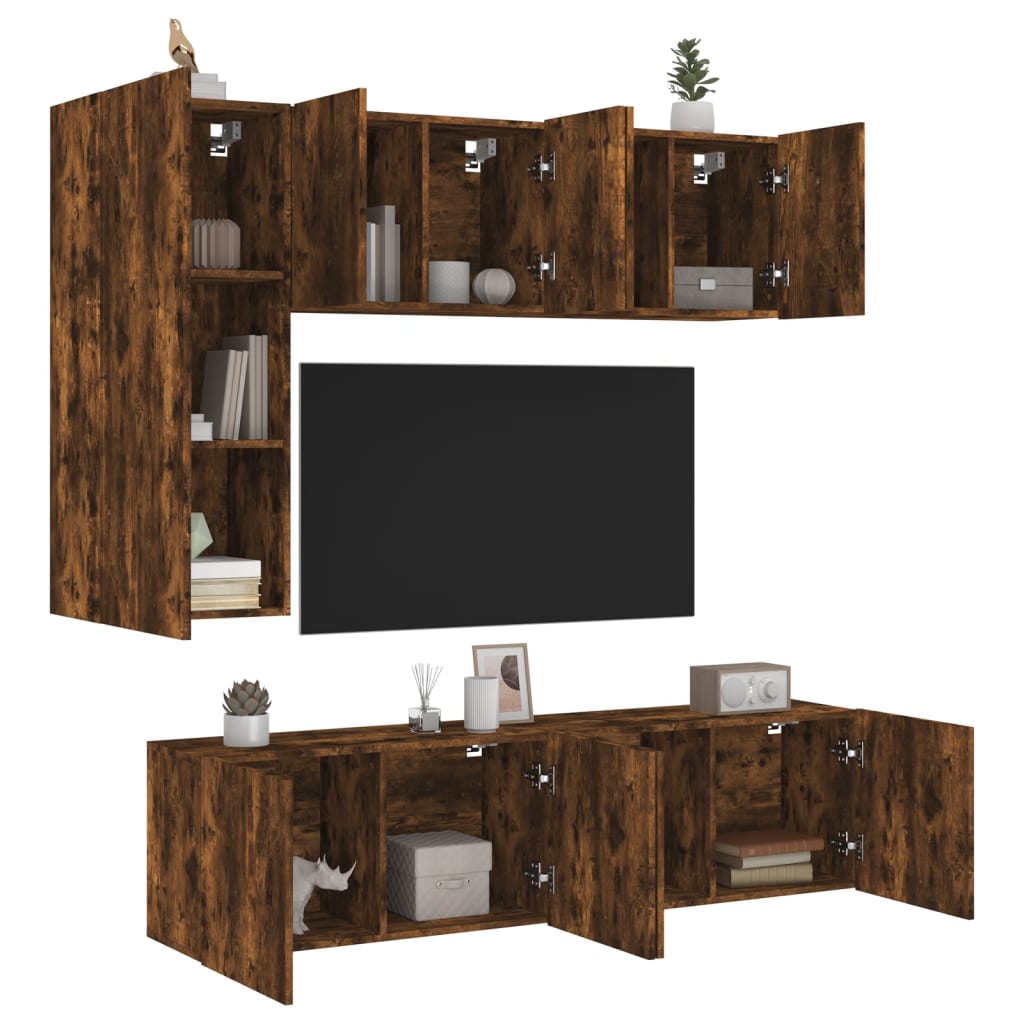 5 pcs móveis de parede p/ TV derivados madeira carvalho fumado