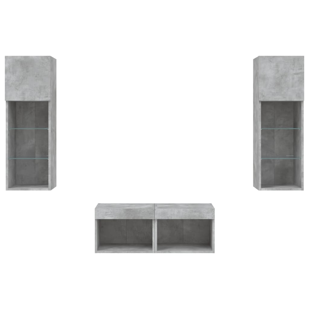 4 pcs móveis de parede para TV com luzes LED cinza cimento